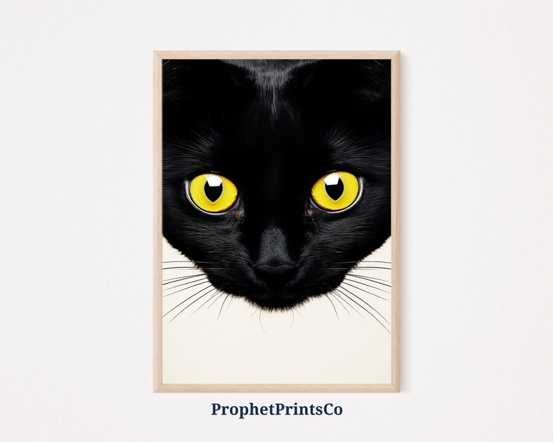 Funny Black Cat Face Yellow Eyes Minimalist Cream Art Poster