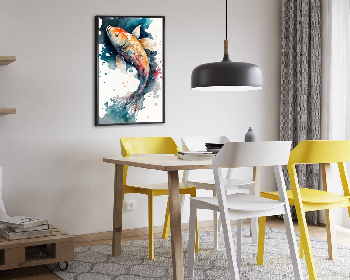Koi Fish Watercolor Golden Orange Splash Dramatic Teal Art Poster - Image 2