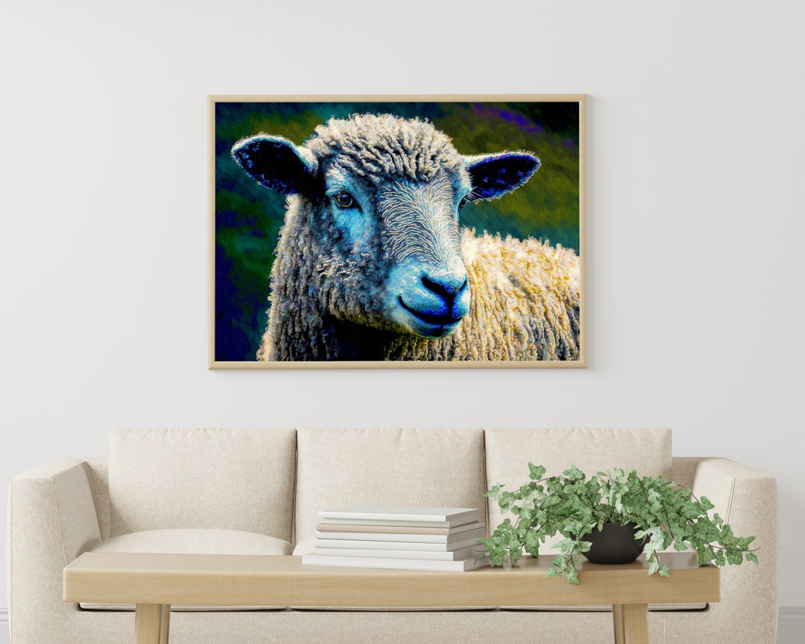 White Sheep Close Up Portrait Vivid Painterly Farm Art Poster - Image 3
