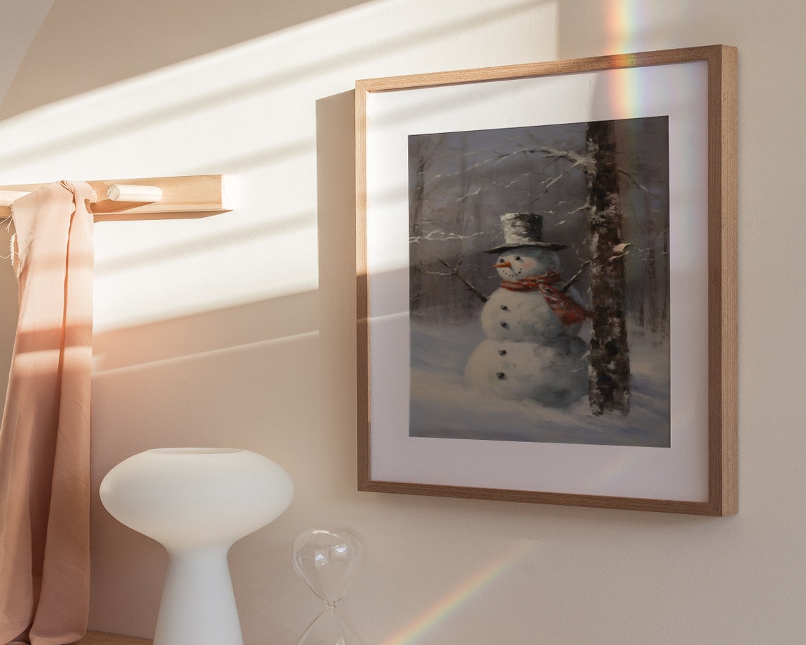 Snowman Red Scarf Birch Tree Snowy Forest Rustic Christmas Poster - Image 3