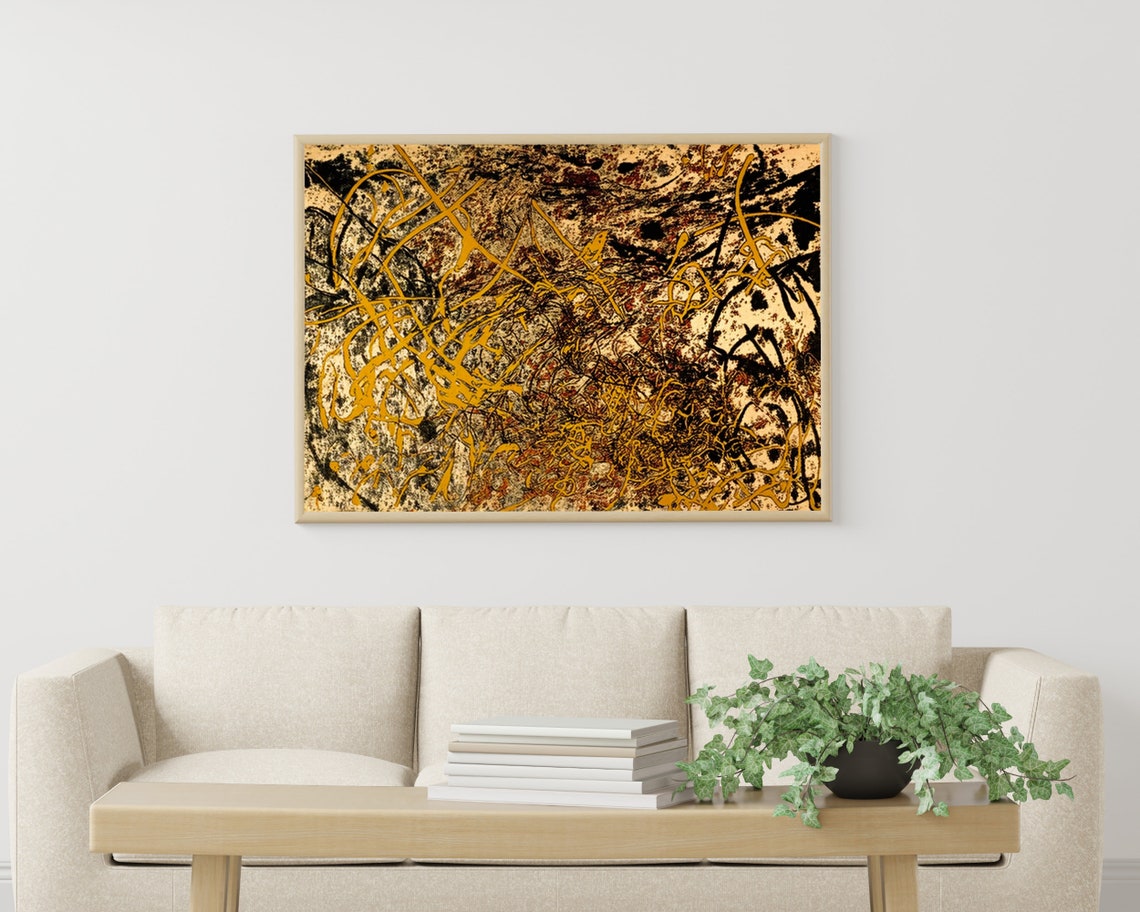 Abstract Expressionist Drip Painting Gold Black Mid Century Poster - Image 3