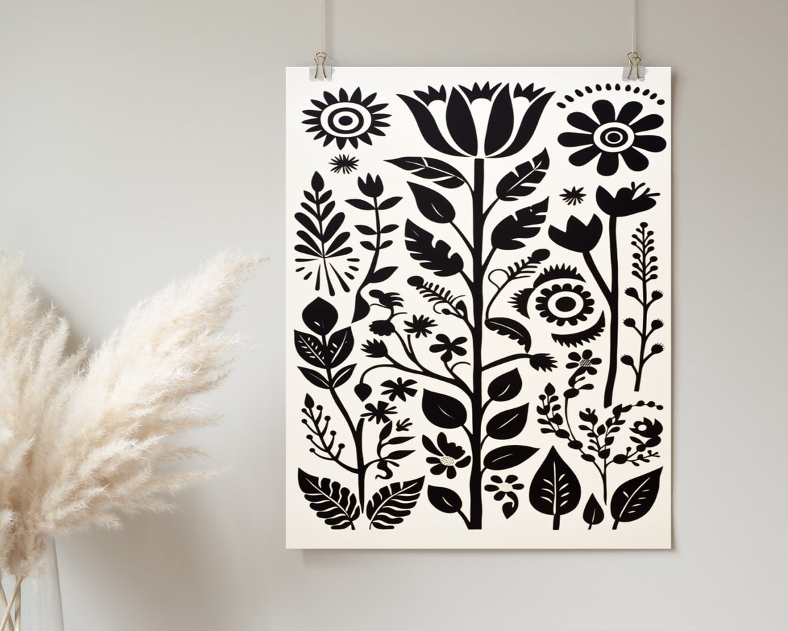 Black And White Floral Pattern Print Boho Wall Art Mid Century Print Cute Eclectic Home Dcor Wall Art - Image 2