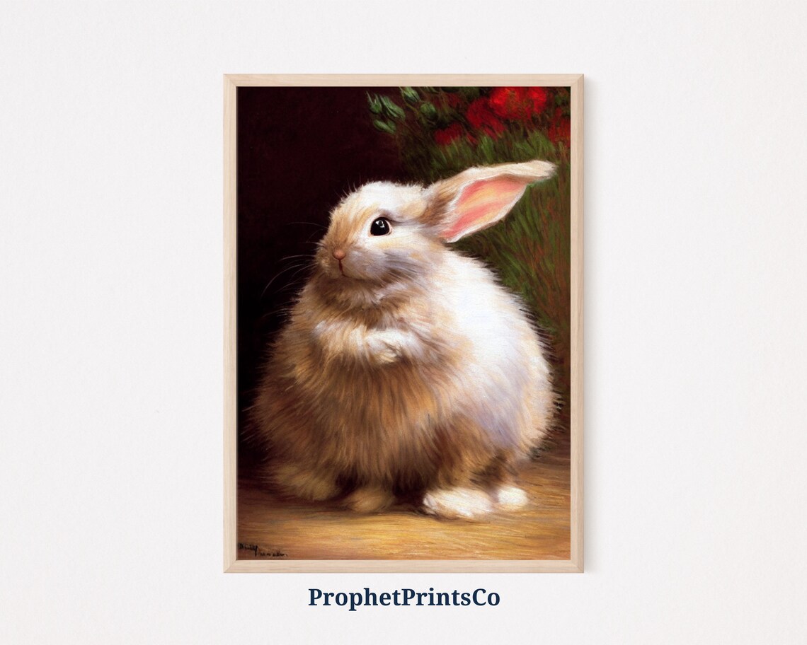 Fluffy Cream Baby Bunny Rabbit Oil Painting Vintage Art Poster
