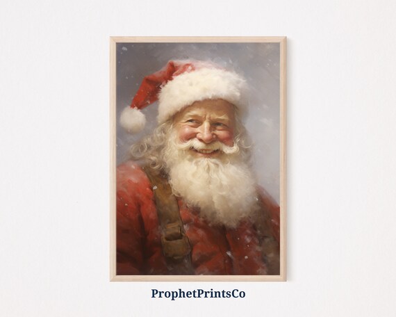 Smiling Santa Claus in Soft Snowfall Vintage Christmas Portrait Painting Poster