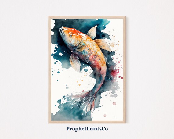 Koi Fish Watercolor Golden Orange Splash Dramatic Teal Art Poster