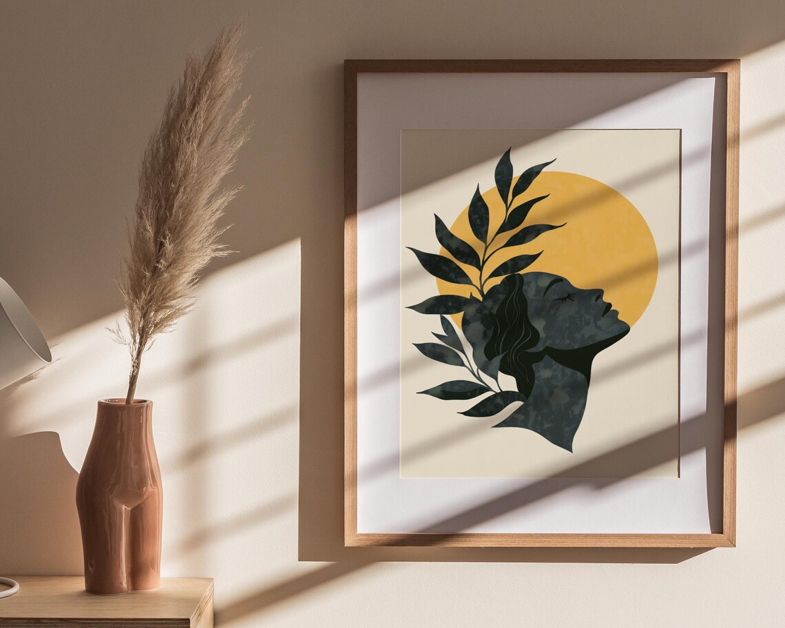 Abstract Woman Profile Leaves Silhouette Orange Sun Boho Modern Poster - Image 4