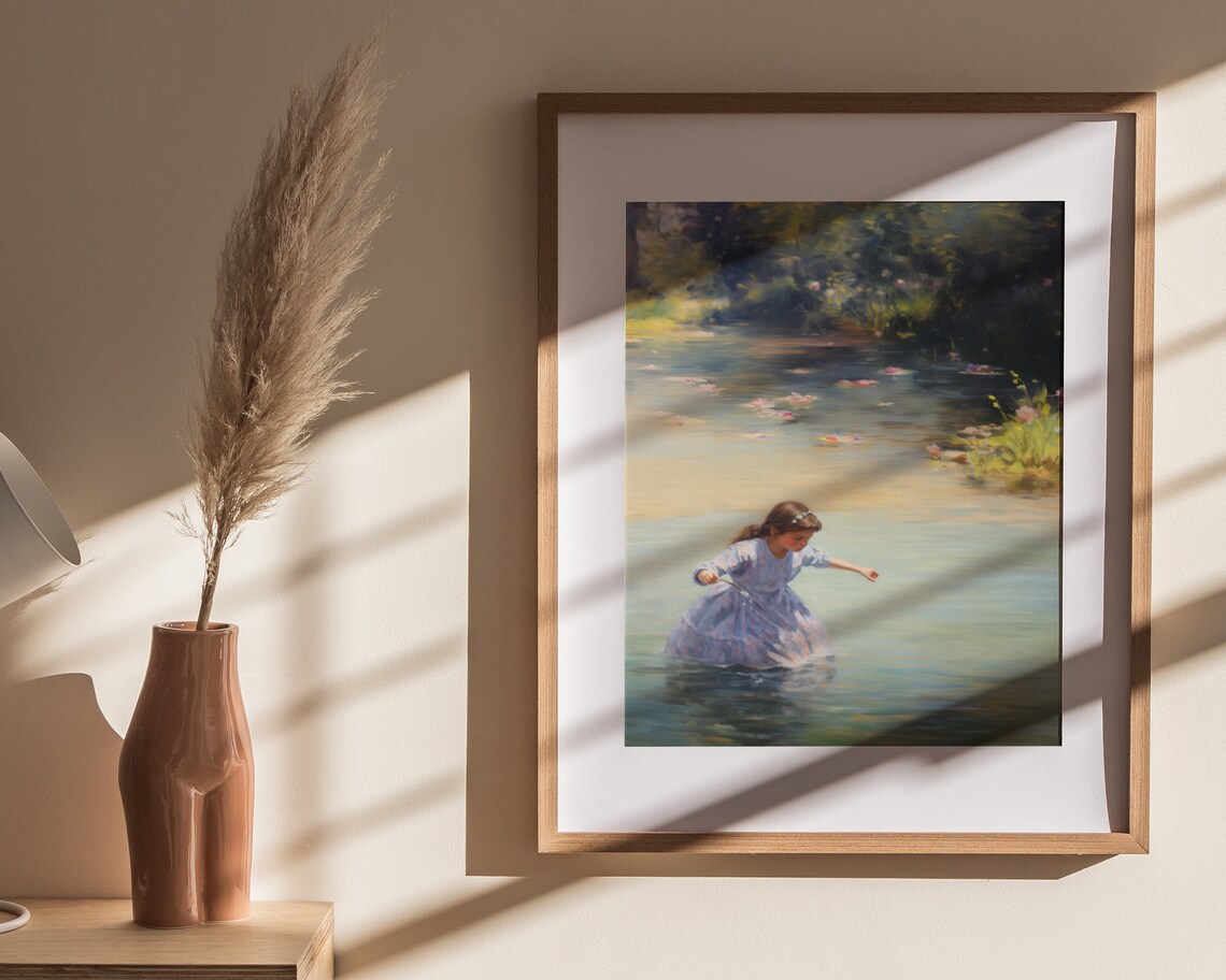 Girl Wading Water Lily Pond Impressionist Summer Painting Poster - Image 4