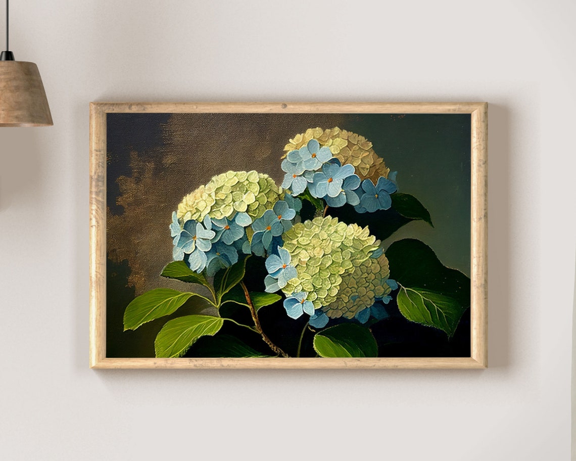 Blue Hydrangea Blooms on Dark Green Moody Botanical Art Poster - Image 2