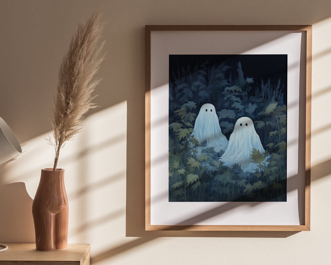Cute Ghost Duo In Dark Moonlit Field Spooky Halloween Art Poster - Image 4