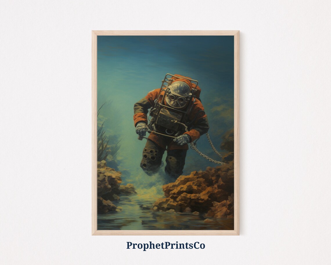 Vintage Deep Sea Diver Descending Ocean Floor Painting Poster