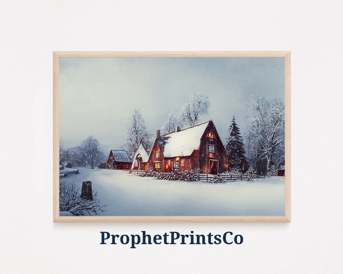 Snowy Winter Barn with Glowing Windows Rustic Oil Painting Poster