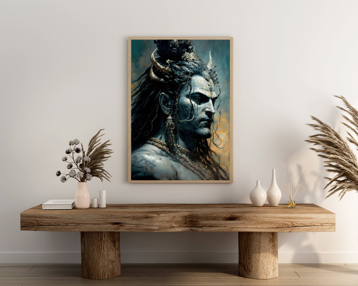 Lord Shiva Blue Skin Profile Matted Locks Golden Hindu God Art Poster - Image 3