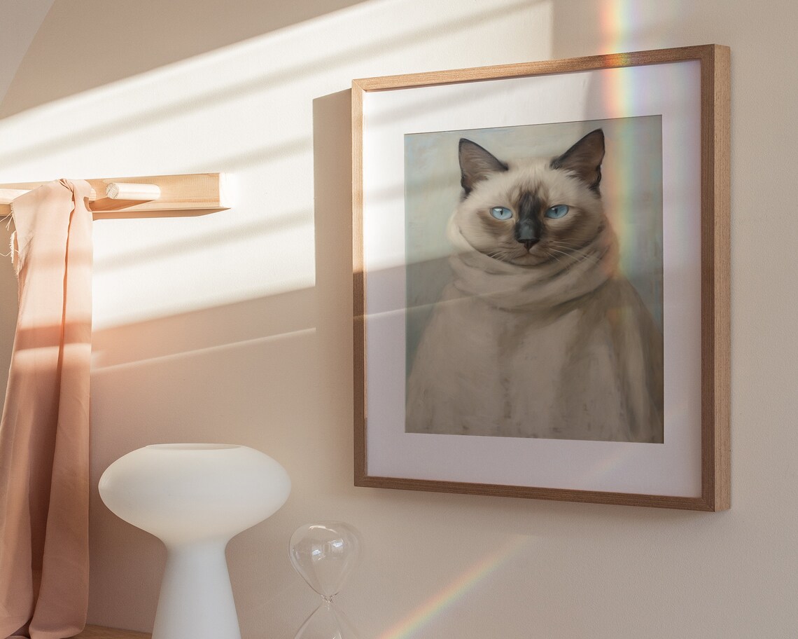 Siamese Cat White Scarf Blue Eyes Cozy Portrait Painting Poster - Image 3