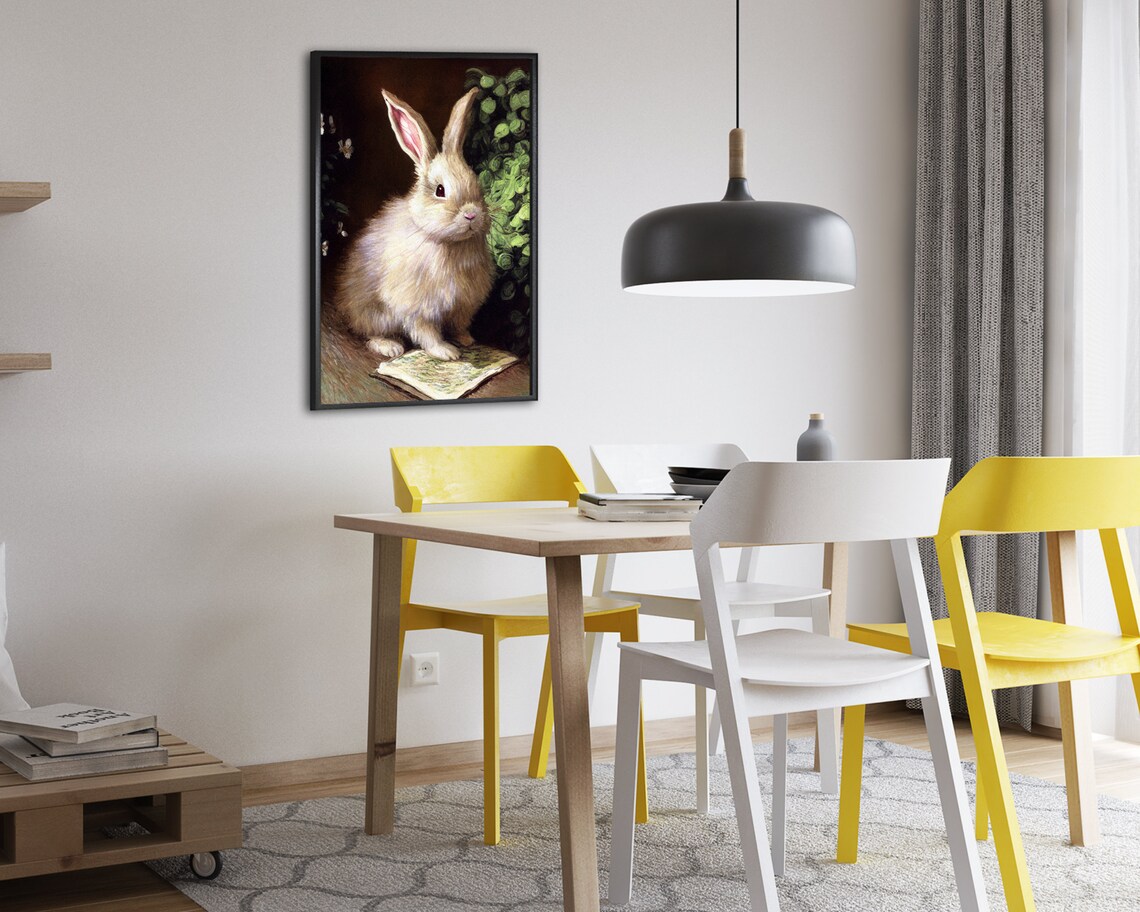 Fluffy White Bunny Sitting on a Book Vintage Oil Painting Poster - Image 2