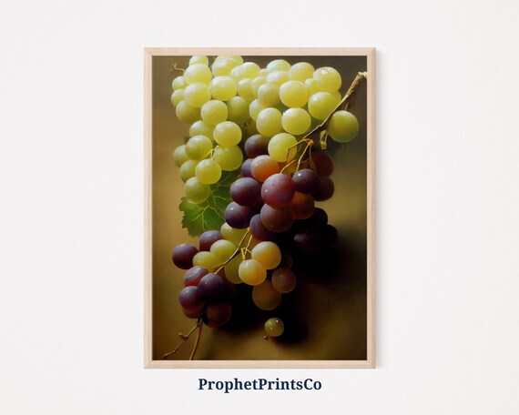Green and Purple Grape Clusters Still Life Oil Painting Vintage Style Poster