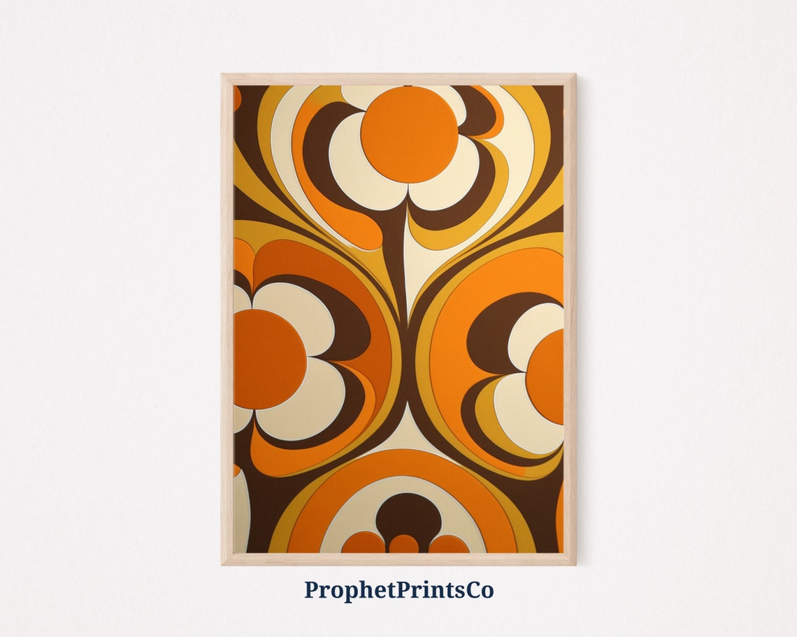 Retro 70s Flower Power Pattern Orange Brown Cream Floral Poster
