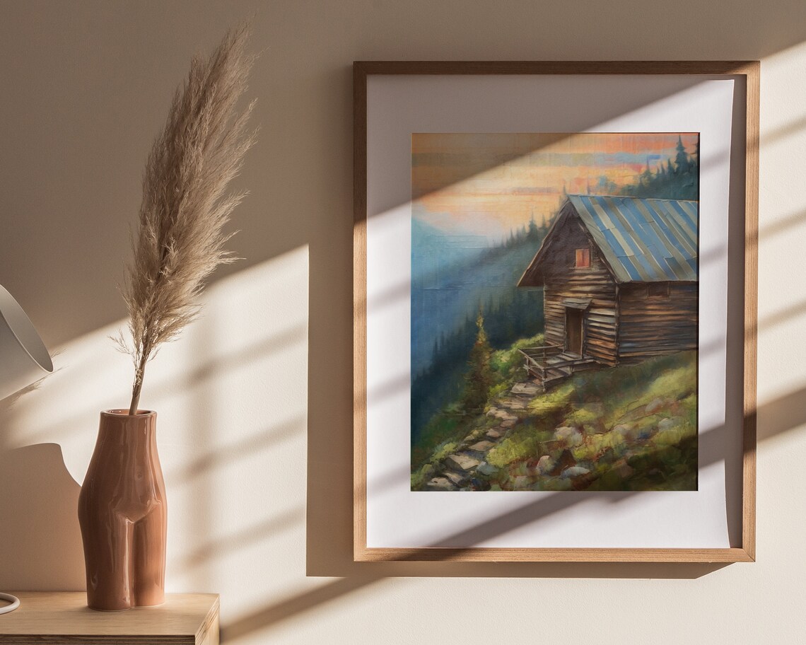 Log Cabin Mountain Sunset Pine Forest Stone Path Oil Painting Poster - Image 4