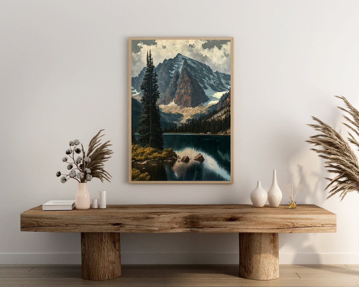 Glacier Mountain Peak Tall Pines Calm Lake Reflection Nature Art Poster - Image 3