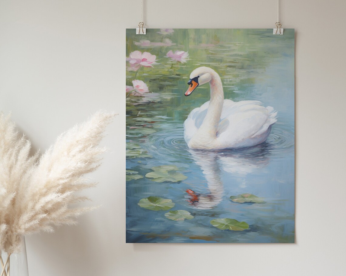 White Swan Water Lilies Blue Pond Impressionist Painting Poster - Image 2