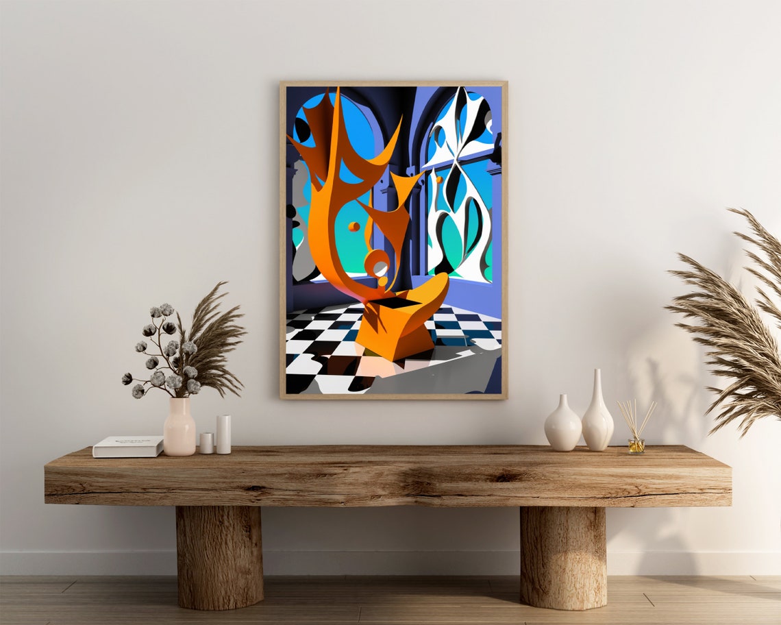 Retro 80s Sculpture Poster Orange Abstract Form on Checkered Floor - Image 3