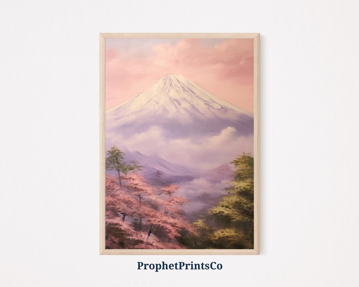 Mount Fuji Above Clouds Oil Painting Pink Blossom Dreamy Sky Poster