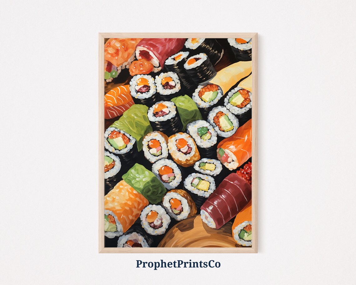 Sushi Maki Rolls Tuna Nigiri Wooden Board Food Painting Poster