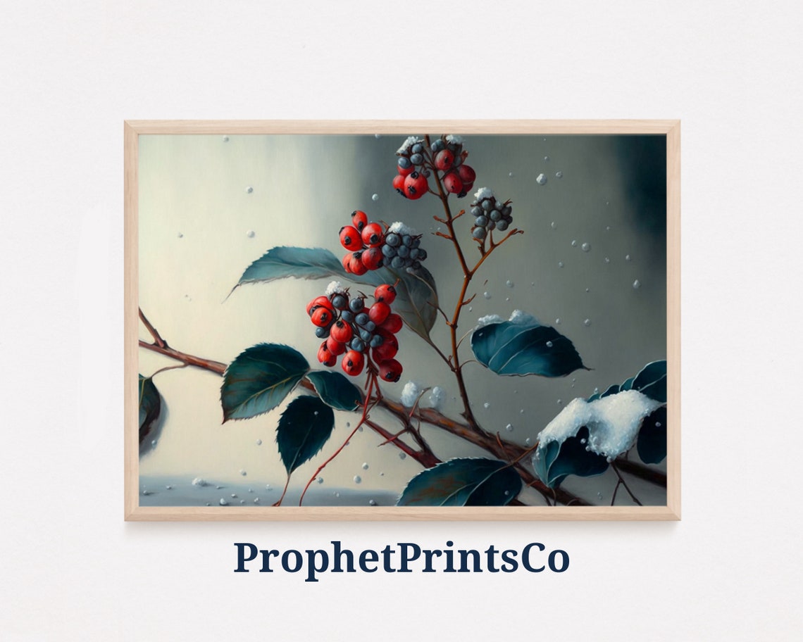 Snowy Red And Blue Berry Branch With Teal Leaves Winter Poster