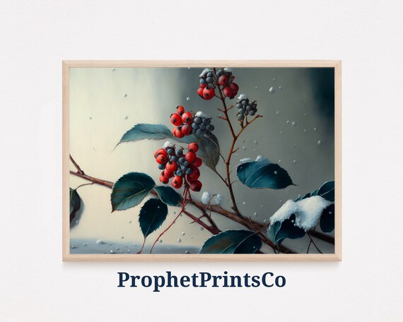 Snowy Red And Blue Berry Branch With Teal Leaves Winter Poster