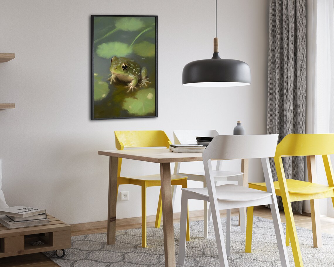 Green Frog Among Lily Pads In Sunlit Pond Peaceful Wildlife Art Poster - Image 2