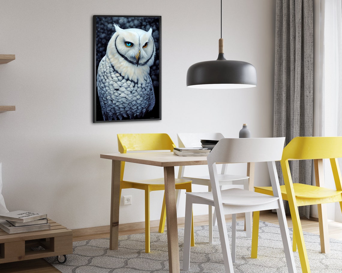 White Owl Close Up Portrait Blue Eyes Dark Dramatic Bird Poster - Image 2