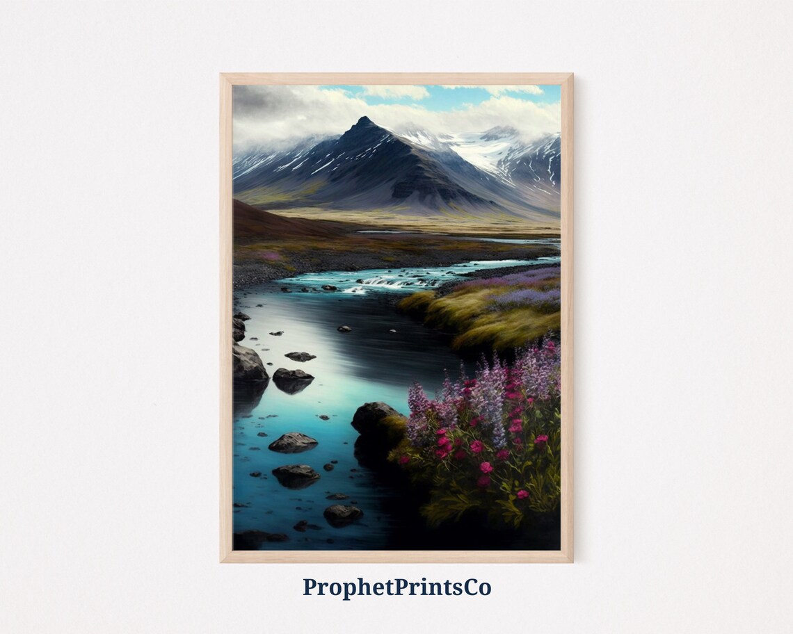 Snowcapped Mountain Peak Over Turquoise River Wildflower Valley Poster