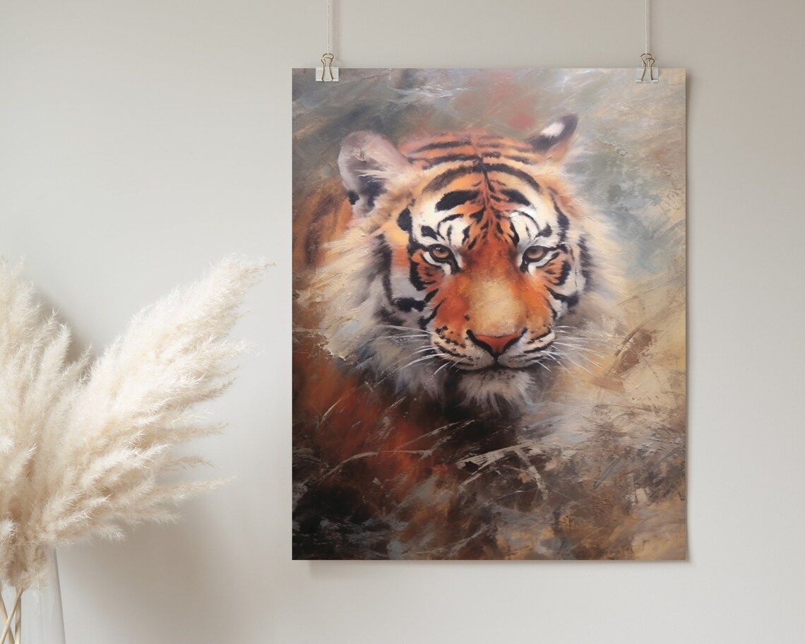 Majestic Tiger Face Close Up Amber Oil Painting Style Poster - Image 2