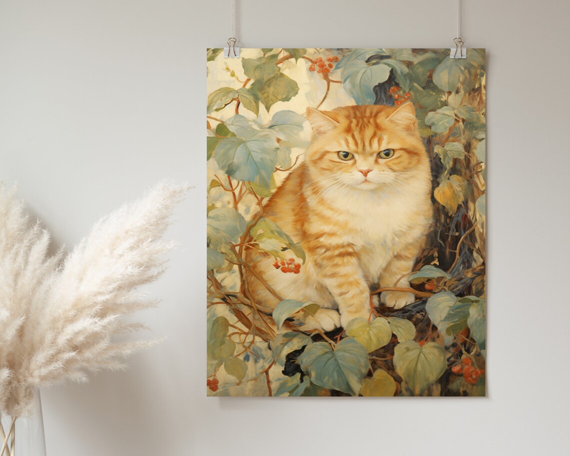 Ginger Cat Resting in Berry Vines Vintage Autumn Feline Portrait Painting Poster - Image 2