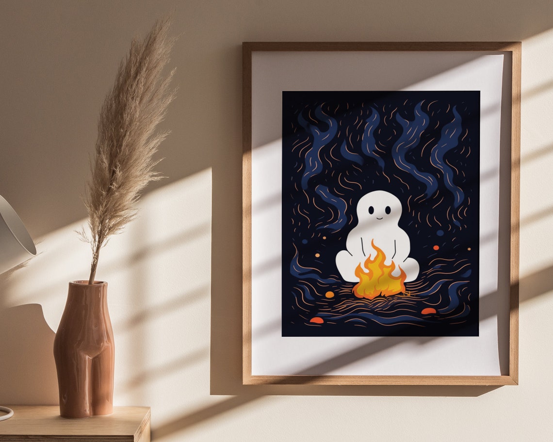 Cute Ghost Warming Hands Over Campfire Night Forest Art Poster - Image 4