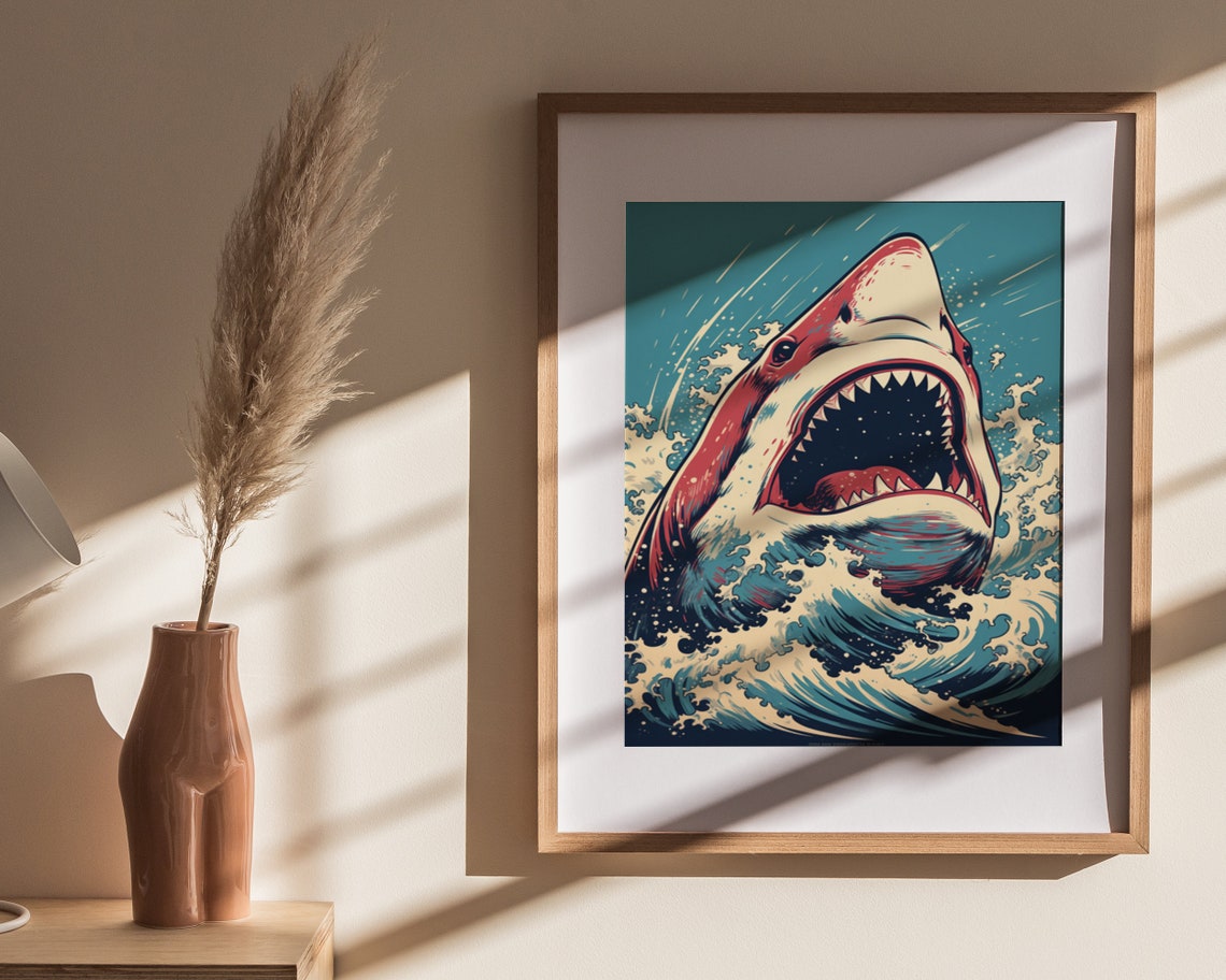 Great White Shark Leaping From Waves Retro Red Teal Art Poster - Image 4