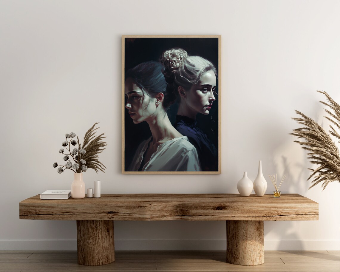 Two Women Back To Back Dark Moody Painterly Portrait Art Poster - Image 3