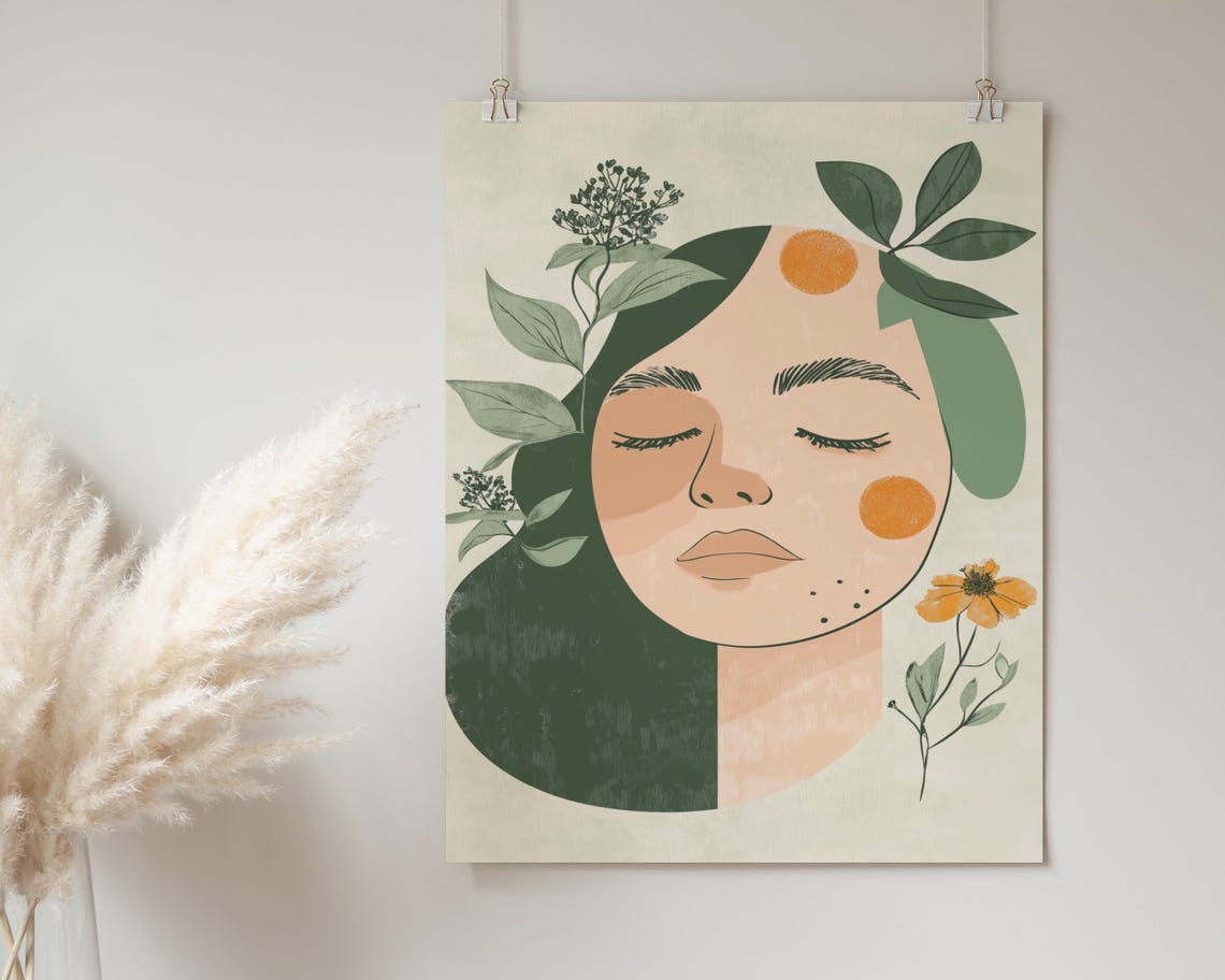 Tranquil Female Portrait Green And Orange Botanical Abstract Poster - Image 2