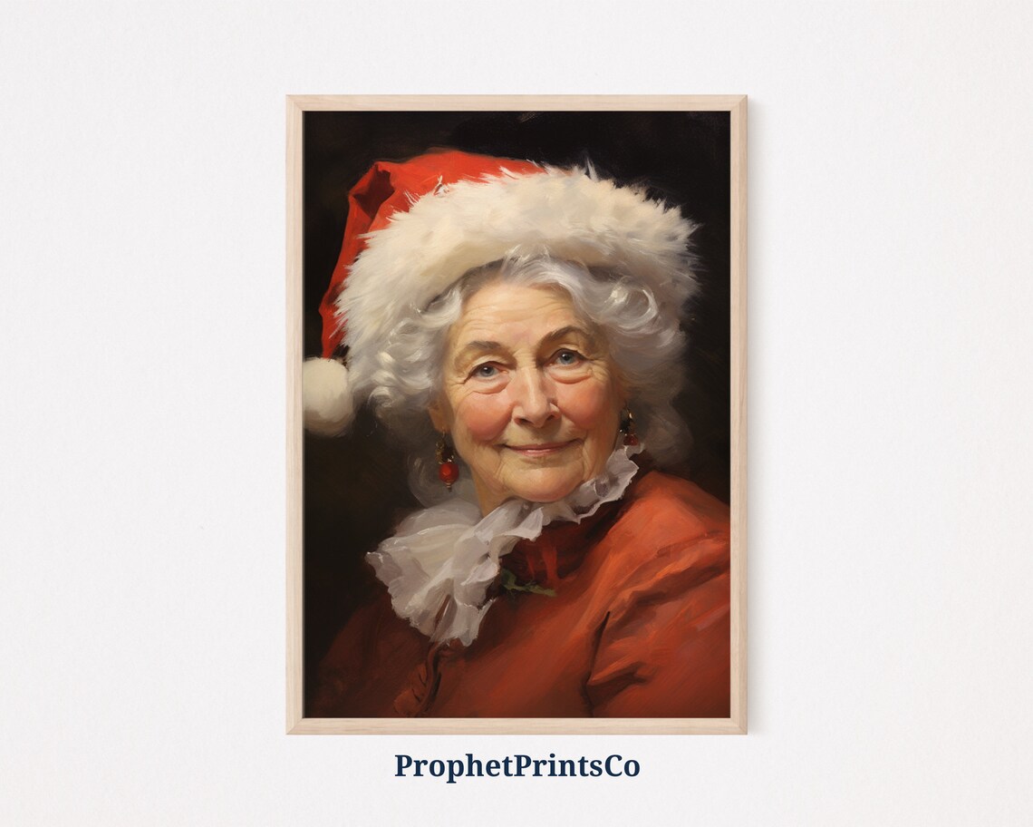 Mrs Claus Portrait in Santa Hat Vintage Style Christmas Oil Painting Poster