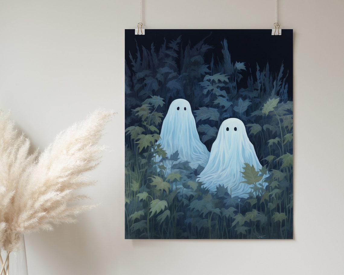Cute Ghost Duo In Dark Moonlit Field Spooky Halloween Art Poster - Image 2