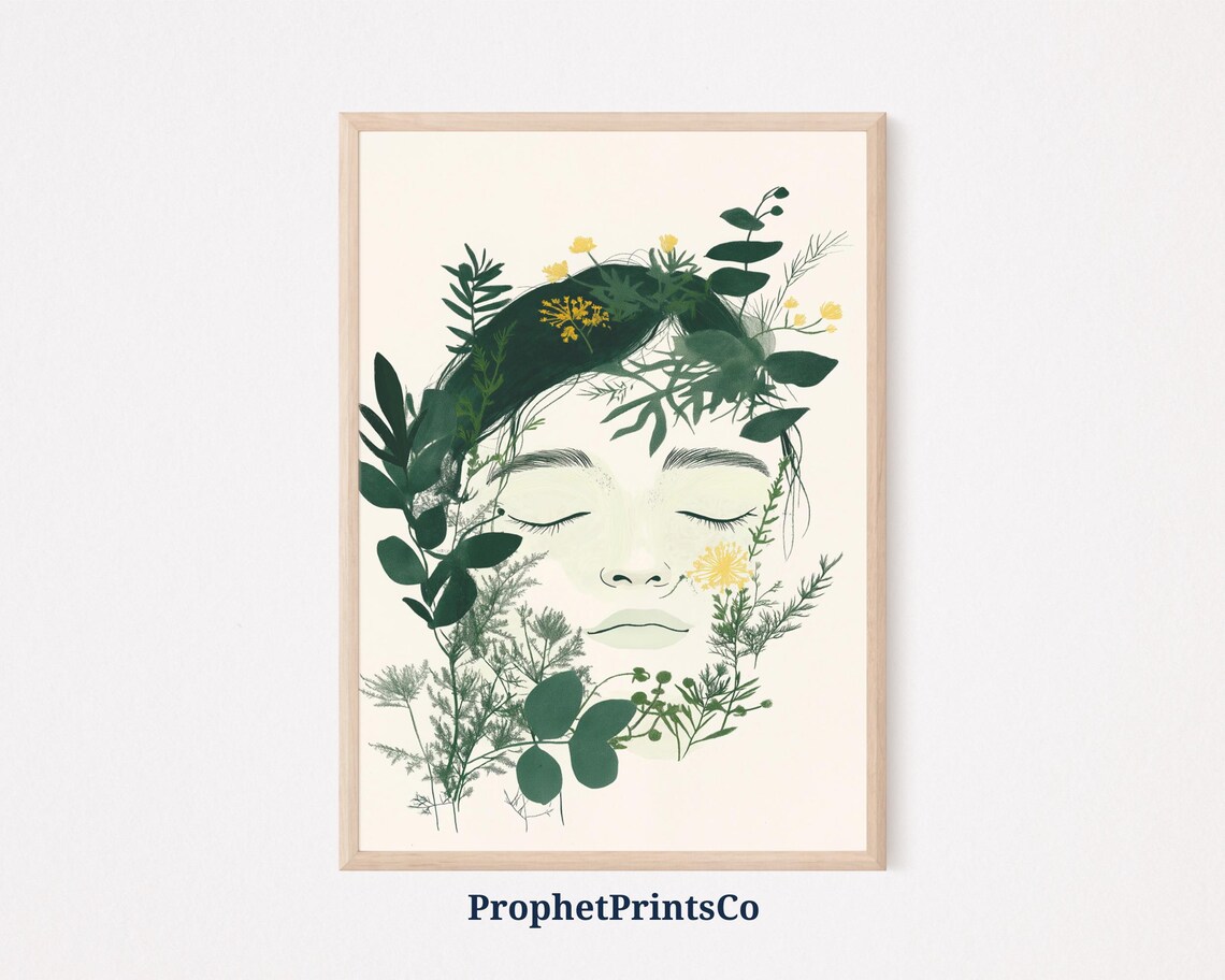 Botanical Woman Face With Leaves And Yellow Flowers Portrait Poster