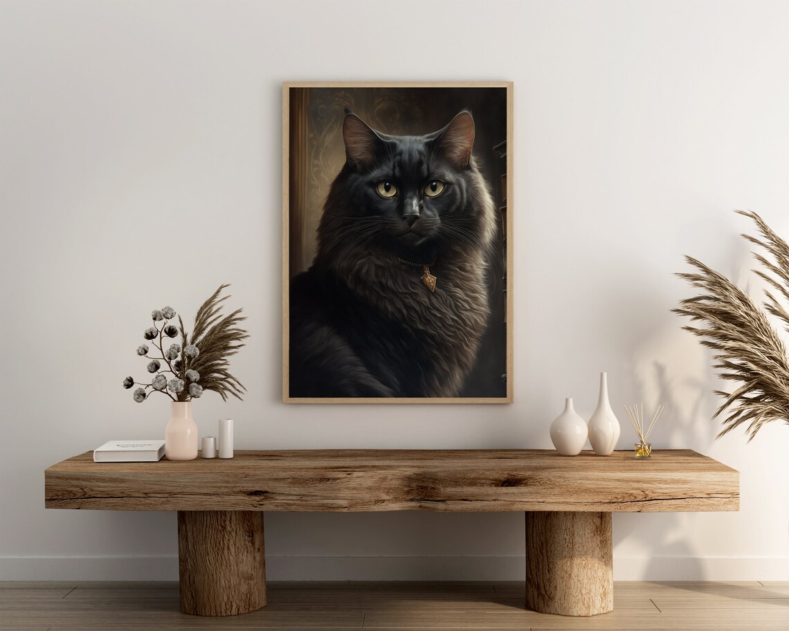Fluffy Black Cat Portrait With Amber Eyes Dark Moody Art Poster - Image 3