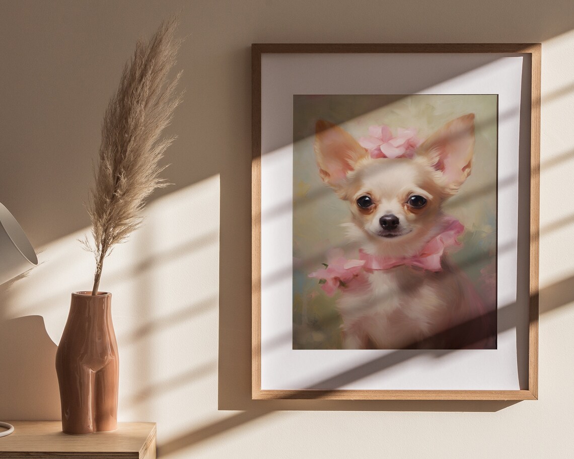 Chihuahua With Pink Bow Cute Floral Small Dog Portrait Art Poster - Image 4