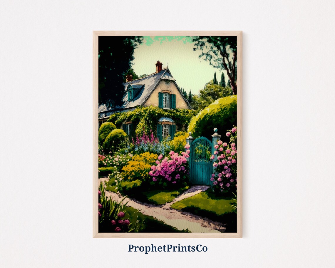 French Cottage Garden Poster Blue Gate and Roses Pastel Flower Design