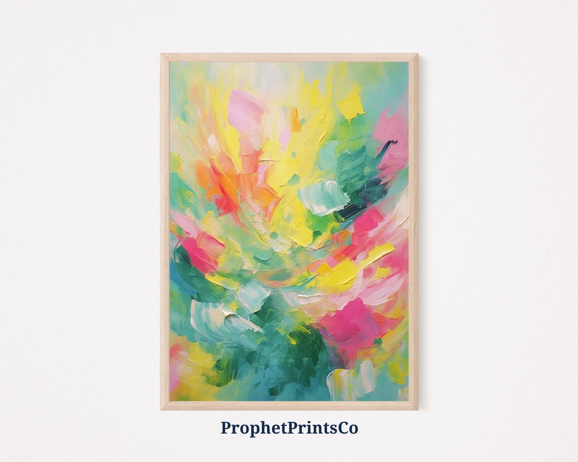 Bright Colorful Abstract Oil Painting Swirling Yellow Pink Teal Poster
