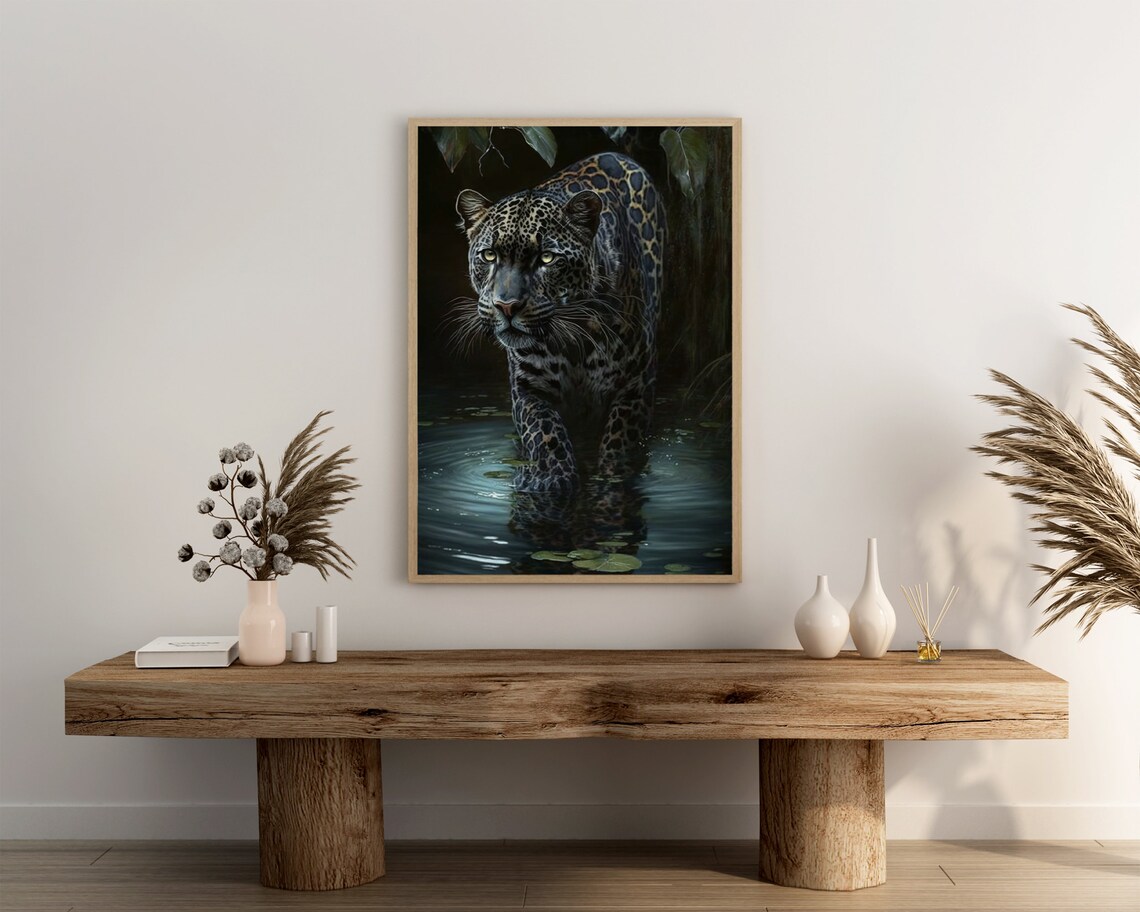 Stealthy Night Black Leopard Wading Through Dark Jungle Waters Poster - Image 3
