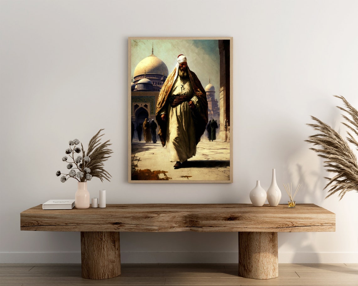 Robed Elder Walking Poster Mosque Courtyard with Golden Dome Artwork - Image 3