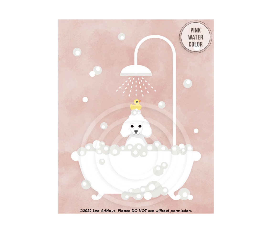White Poodle Bubble Bath Pink Clawfoot Tub Rubber Duck Wall Art