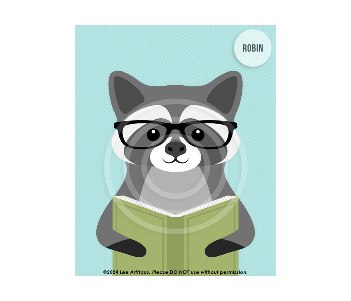 Cute Raccoon Reading Book With Glasses Green Forest Kids Room Decor Poster - Image 5