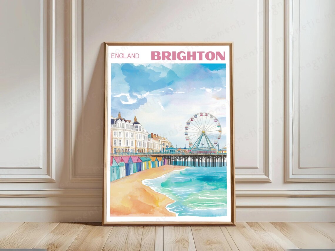Brighton England Seaside Watercolor Travel Poster Pier Artwork
