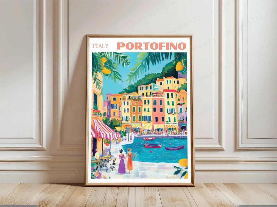 Portofino Italy Hand Drawn Colorful Coastal Harbor Art Poster